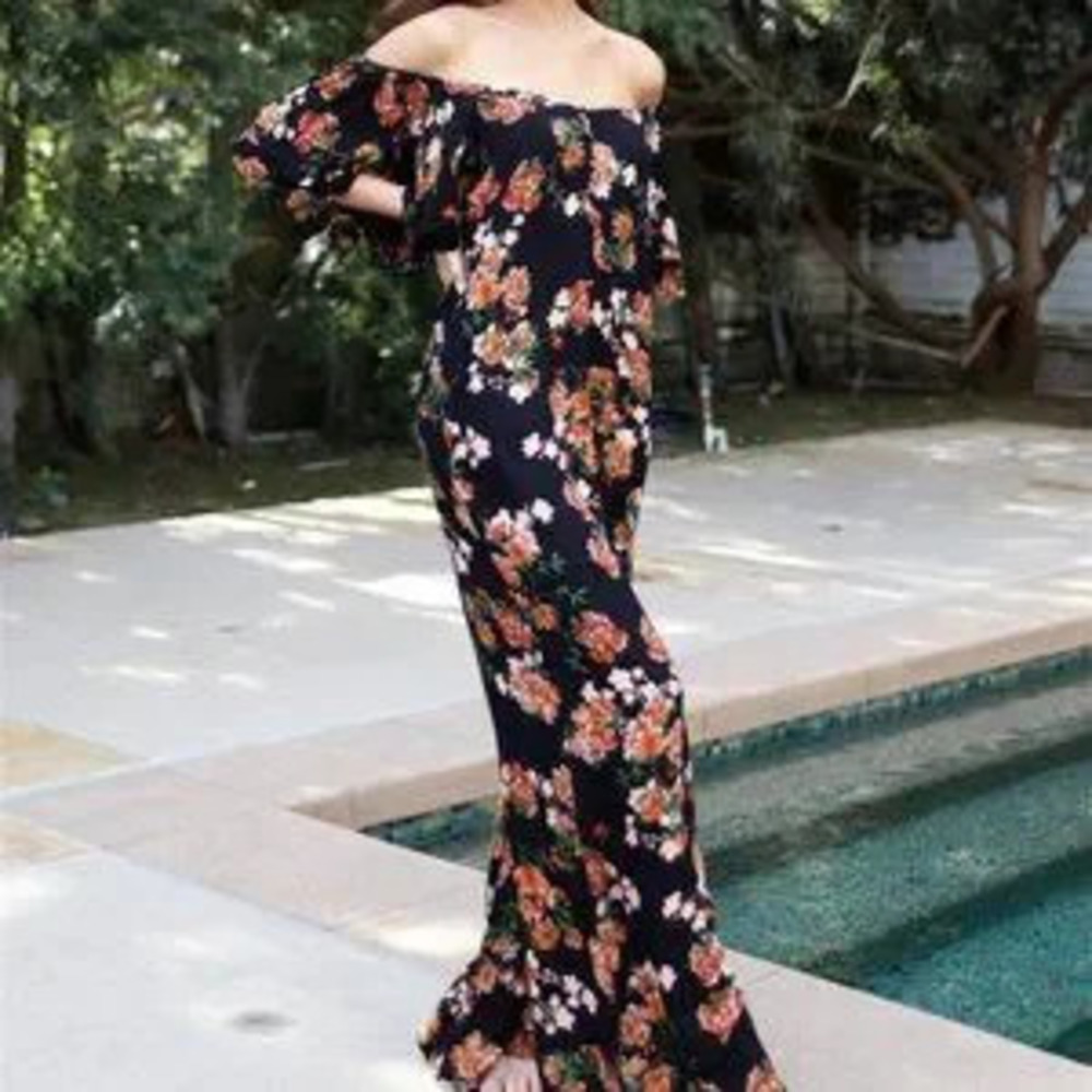 ZARA Off shoulder Floral Print Jumpsuit black